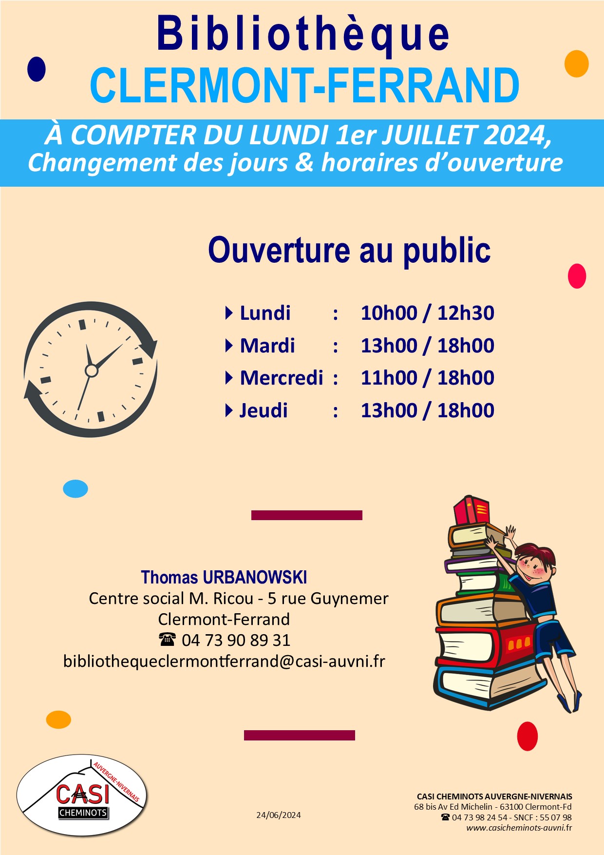 2024 affiche modif horaires Bib Clermont Fd