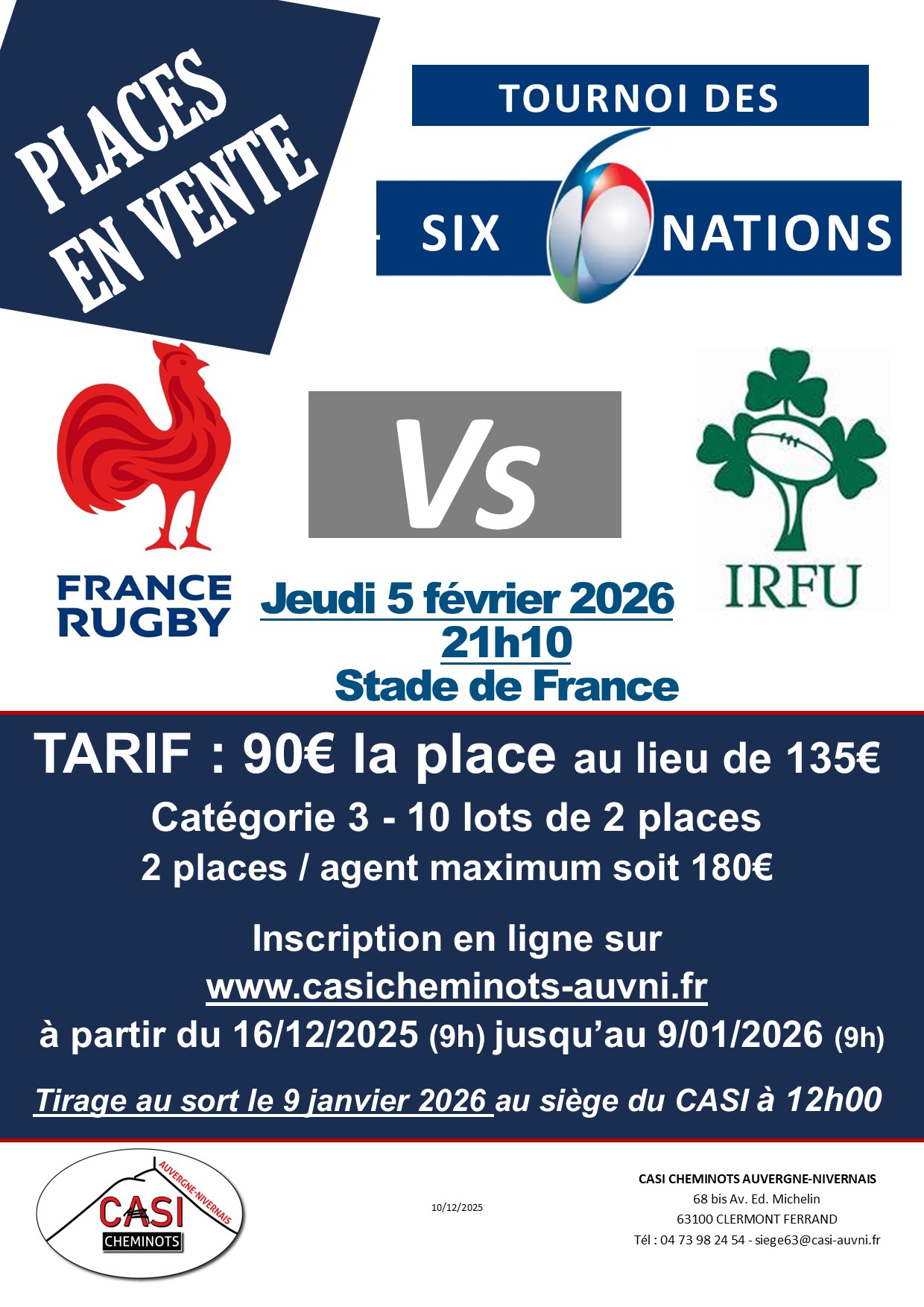 2025 Affiche définitive Tournoi des 6 nations places à vendre