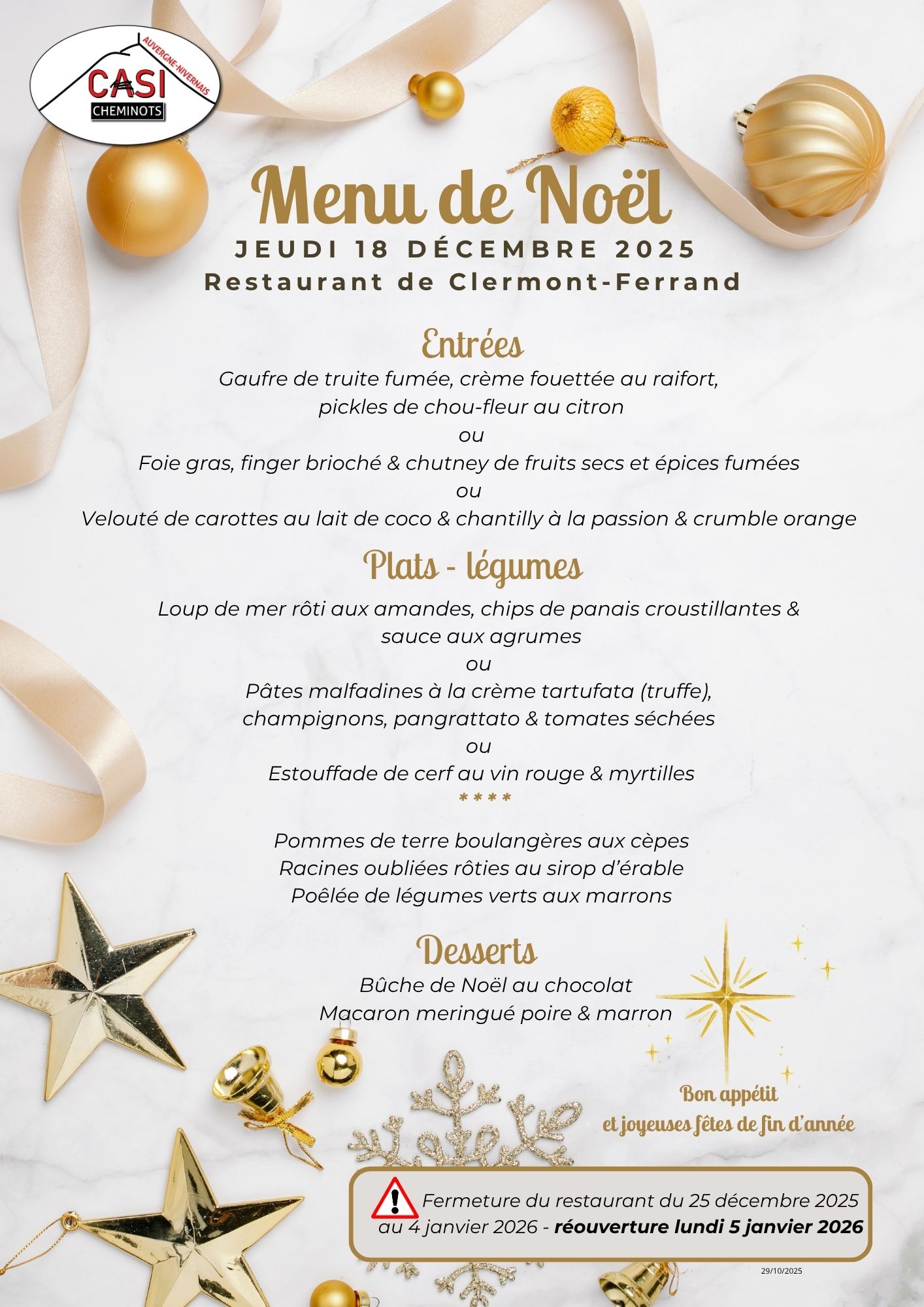 2025 Menu de Noel Resto Clermont 